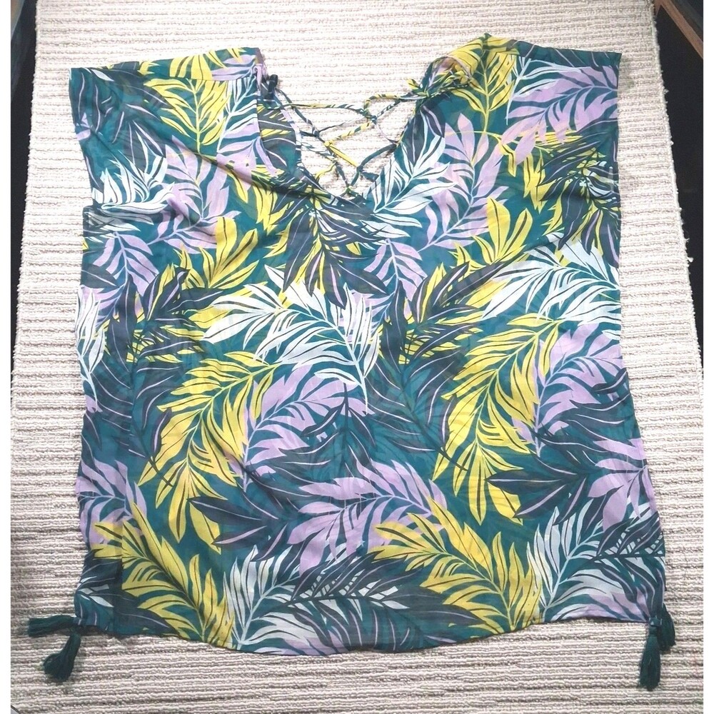 ​Palisades Beach Club M/L Tropical Palm Leaf Swim Cover Up Lace Up Lattice Back